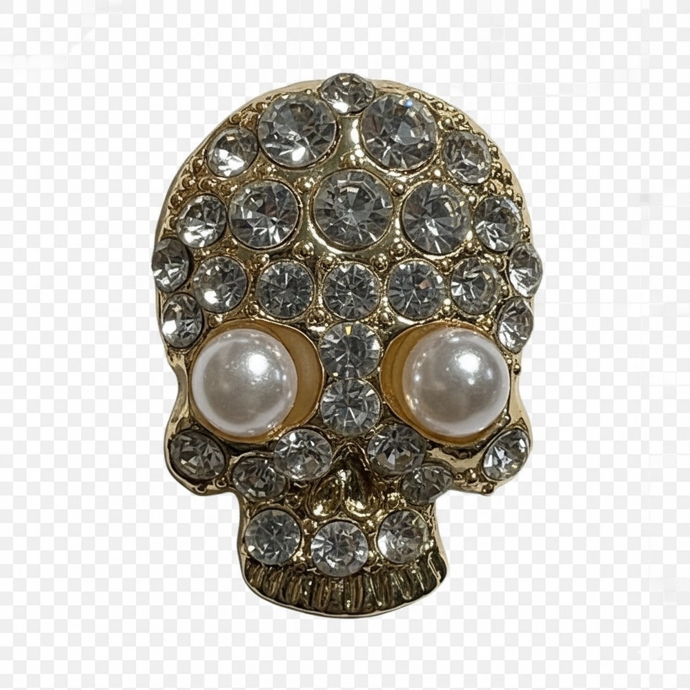 Glam Crystal Pearl Gold Skull Brooch Pin Sparkly Rhinestone Lapel Jacket Hat NWT - Picture 10 of 11